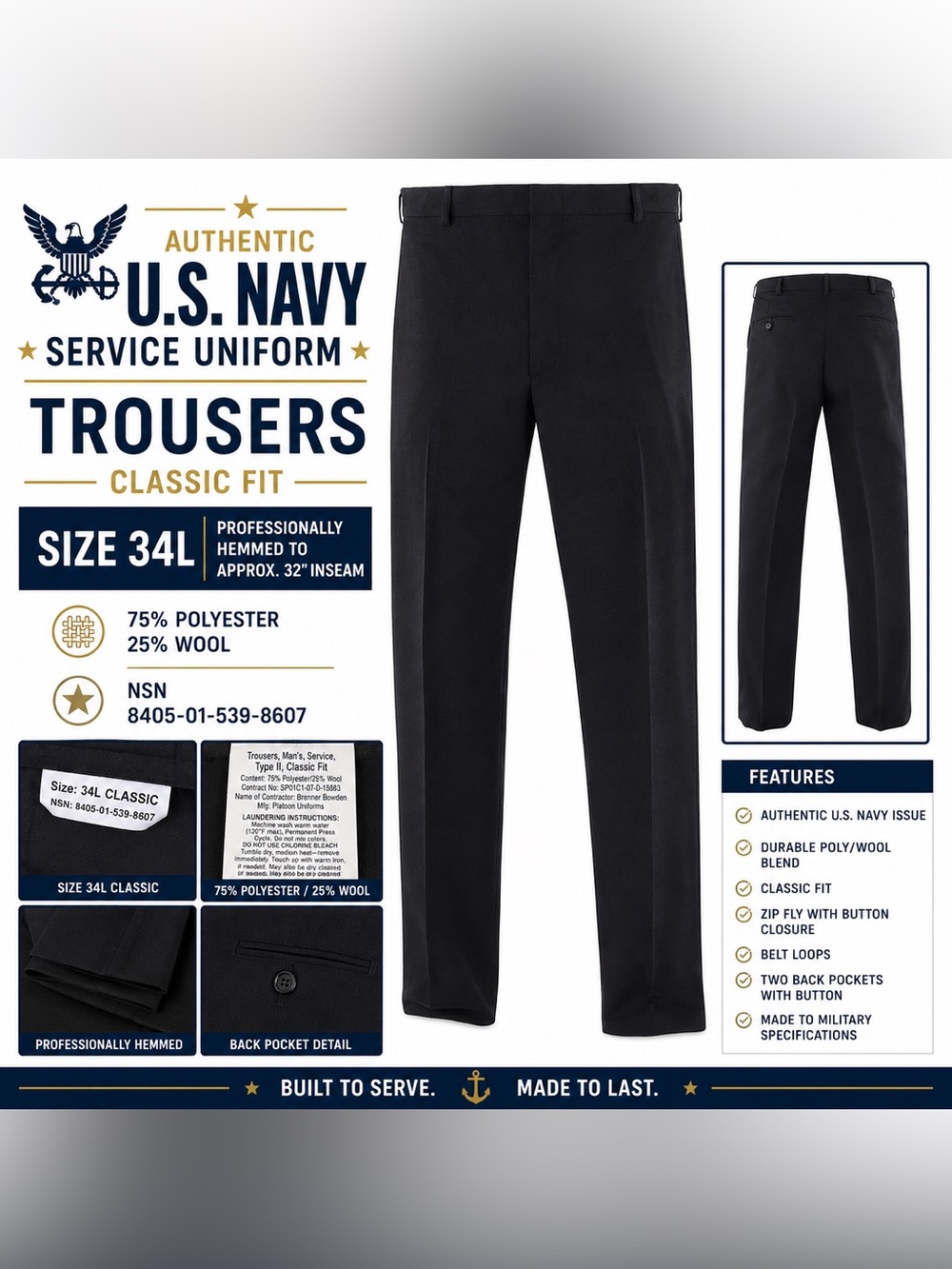 US Navy Service Uniform Black Dress Trousers 34L Classic Fit Wool Blend